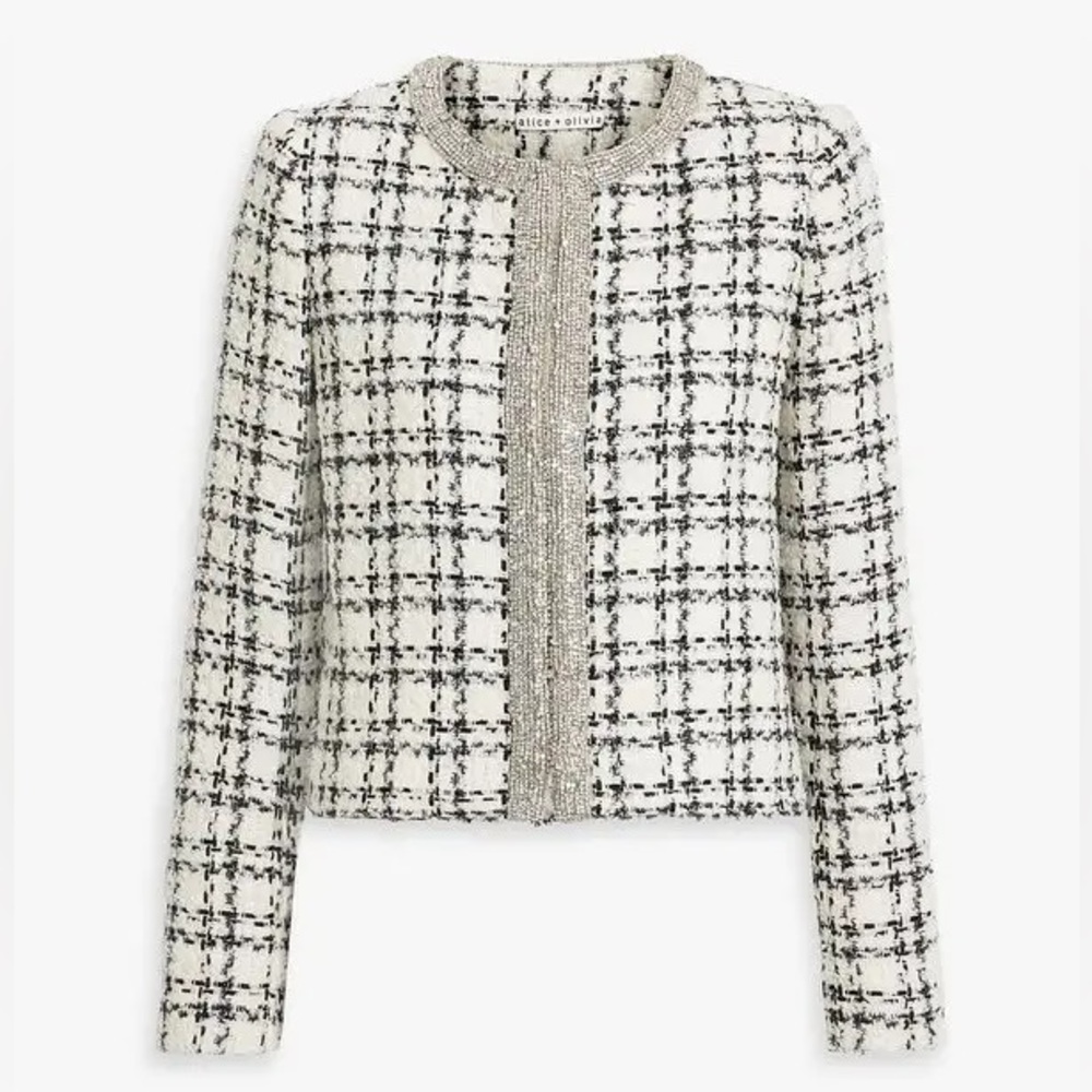 ALICE + OLIVIA Kidman Crystal-Embellished Tweed Jacket White - Off-White